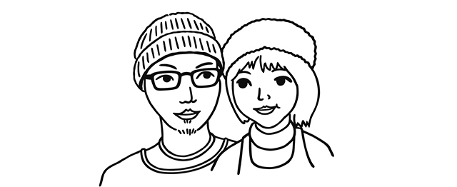 ニット帽をかぶり眼鏡をかけた男性と、帽子をかぶった女性が肩を寄せ合うイラスト