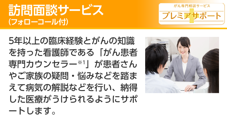 訪問面談サービス (フォローコール付) がん専門相談サービス プレミアサポート 5年以上の臨床経験とがんの知識を持った看護師である「がん患者専門カウンセラー※1」が患者さんやご家族の疑問・悩みなどを踏まえて病気の解説などを行い、納得した医療がうけられるようにサポートします。