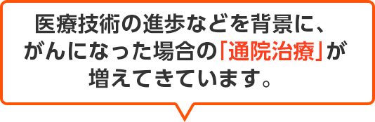 医療技術の進歩などを背景に、がんになった場合の「通院治療」が増えてきています。