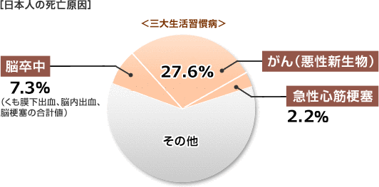 ［日本人の死亡原因］ ＜三大生活習慣病＞ 脳卒中 7.3％ （くも膜下出血、脳内出血、脳梗塞の合計値） がん（悪性新生物） 27.6％ 急性心筋梗塞 2.2％ その他