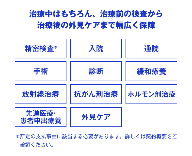 特長1 幅広い保障で経済的負担をサポート ● 治療前 精密検査 ● 治療中 診断 入院 通院 手術 放射線治療 抗がん剤治療 ホルモン剤治療 緩和療養 先進医療・患者申出療養 ● 治療中・治療後 外見ケア（ウィッグ購入費等）