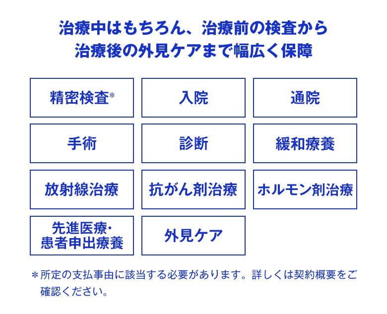 治療中はもちろん、治療前の検査から治療後の外見ケアまで幅広く保障 精密検査* 入院 通院 手術 診断 緩和療養 放射線治療 抗がん剤治療 ホルモン剤治療 先進医療・患者申出療養 外見ケア ＊所定の支払事由に該当する必要があります。詳しくは契約概要をご確認ください。
