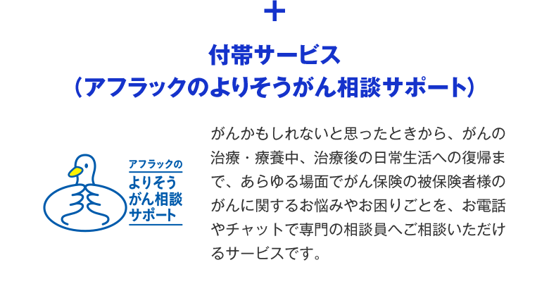 特長2 さまざまな悩みの解決をサポート 付帯サービス＜アフラックのよりそうがん相談サポート＞ 「がんかもしれない」と思ったときから専門知識を持つ相談員が親身にお応えします。 治療のサポート 生活のサポート こころのサポート お金（就労）のサポート