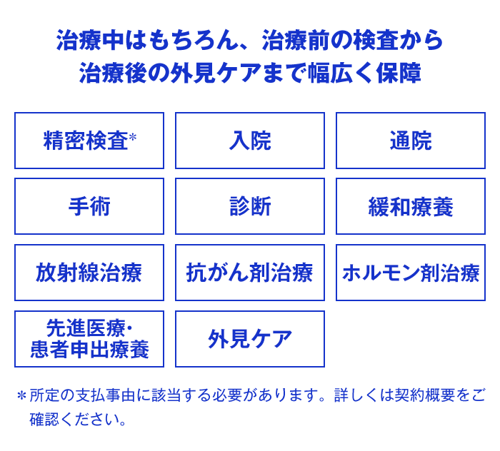 治療中はもちろん、治療前の検査から治療後の外見ケアまで幅広く保障 精密検査* 入院 通院 手術 診断 緩和療養 放射線治療 抗がん剤治療 ホルモン剤治療 先進医療・患者申出療養 外見ケア ＊所定の支払事由に該当する必要があります。詳しくは契約概要をご確認ください。