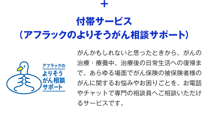 特長2 さまざまな悩みの解決をサポート 付帯サービス＜アフラックのよりそうがん相談サポート＞ 「がんかもしれない」と思ったときから専門知識を持つ相談員が親身にお応えします。 治療のサポート 生活のサポート こころのサポート お金（就労）のサポート