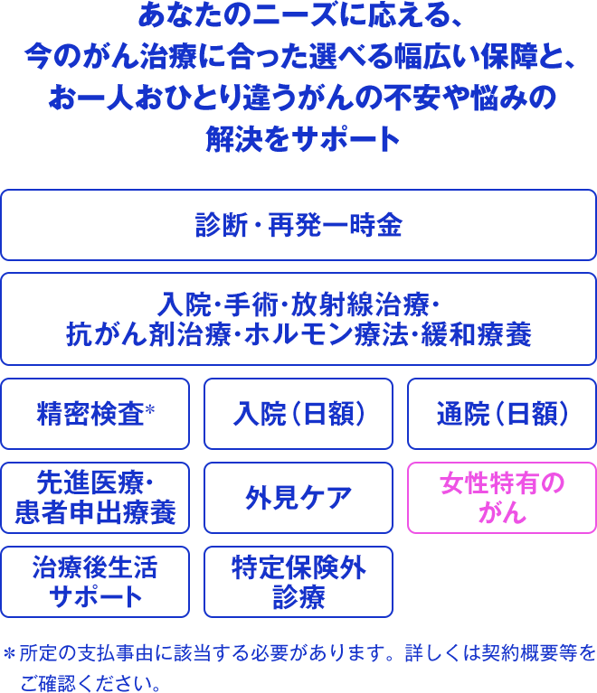 あなたのニーズに応える、今のがん治療に合った選べる幅広い保障と、お一人おひとり違うがんの不安や悩みの解決をサポート 診断・再発一時金 入院・手術・放射線治療・抗がん剤治療・ホルモン療法・緩和療養 精密検査＊ 入院（日額） 通院（日額） 先進医療・患者申出療養 外見ケア 女性特有のがん 治療後生活サポート 特定保険外診療 ＊所定の支払事由に該当する必要があります。詳しくは契約概要等をご確認ください。