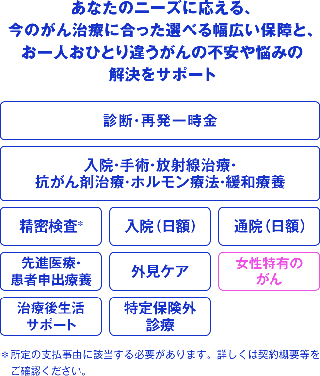 あなたのニーズに応える、今のがん治療に合った選べる幅広い保障と、お一人おひとり違うがんの不安や悩みの解決をサポート 診断・再発一時金 入院・手術・放射線治療・抗がん剤治療・ホルモン療法・緩和療養 精密検査＊ 入院（日額） 通院（日額） 先進医療・患者申出療養 外見ケア 女性特有のがん 治療後生活サポート 特定保険外診療 ＊所定の支払事由に該当する必要があります。詳しくは契約概要等をご確認ください。