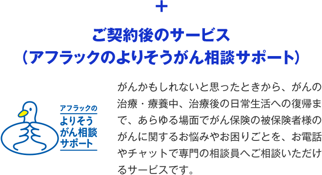 ＋ご契約後のサービス（アフラックのよりそうがん相談サポート）アフラックのよりそうがん相談サポートダック がんかもしれないと思ったときから、がんの治療・療養中、治療後の日常生活への復帰まで、あらゆる場面でがん保険の被保険者様のがんに関するお悩みやお困りごとを、お電話やチャットで専門の相談員へご相談いただけるサービスです。