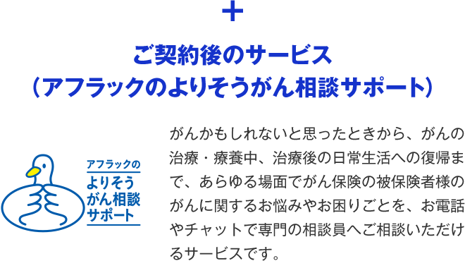 ＋ご契約後のサービス（アフラックのよりそうがん相談サポート）アフラックのよりそうがん相談サポートダック がんかもしれないと思ったときから、がんの治療・療養中、治療後の日常生活への復帰まで、あらゆる場面でがん保険の被保険者様のがんに関するお悩みやお困りごとを、お電話やチャットで専門の相談員へご相談いただけるサービスです。