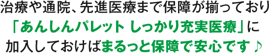 治療や通院、先進医療まで保障が揃っており「あんしんパレット しっかり充実医療」に加入しておけばまるっと保障で安心です♪