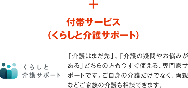 ＋付帯サービス（くらしと介護サポート） くらしと介護サポート 「介護はまだ先」、「介護の疑問やお悩みがある」どちらの方も今すぐ使える、専門家サポートです。ご自身の介護だけでなく、両親などご家族の介護も相談できます。