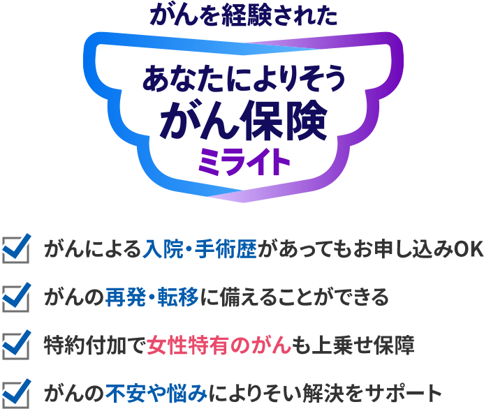がんを経験された あなたによりそうがん保険 ミライト がんによる入院・手術歴があってもお申し込みOK がんの再発・転移に備えることができる 特約付加で女性特有のがんも上乗せ保障 がんの不安や悩みによりそい解決をサポート