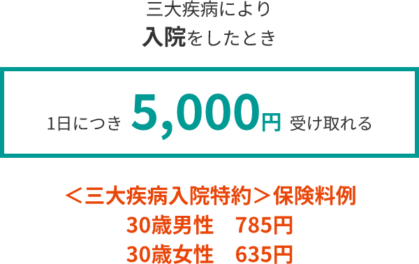 三大疾病により入院をしたとき1日につき 5,000円 受け取れる ＜三大疾病入院特約＞保険料例 30歳男性　785円 30歳女性　635円