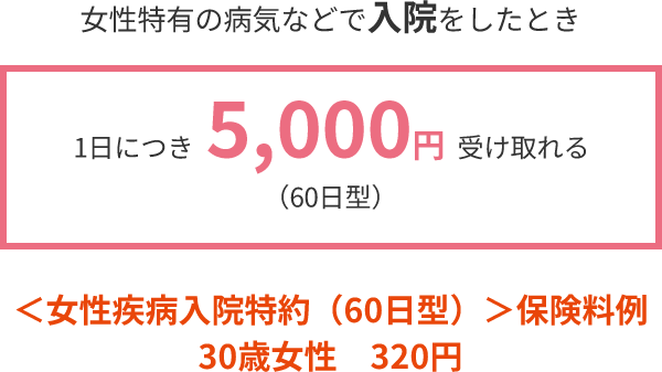 女性特有の病気などで入院をしたとき1日につき 5,000円 受け取れる（60日型） ＜女性疾病入院特約（60日型）＞保険料例 30歳女性　320円