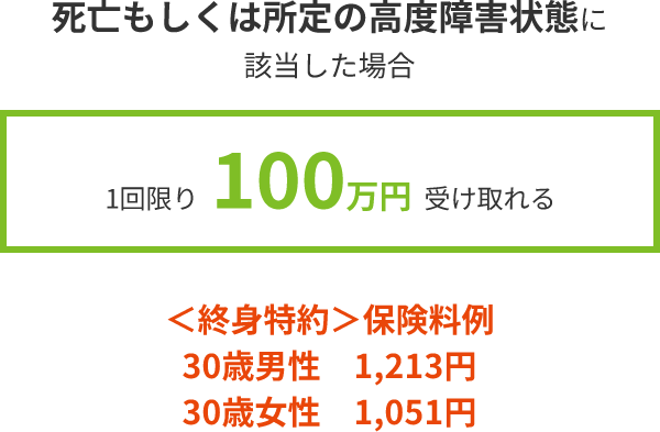 死亡もしくは所定の高度障害状態に該当した場合1回限り 100万円 受け取れる ＜終身特約＞保険料例 30歳男性　1,213円 30歳女性　1,051円