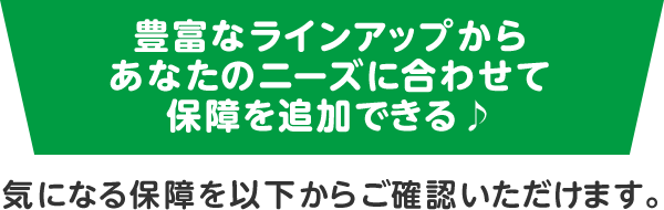 豊富なラインアップからあなたのニーズに合わせて保障を追加できる♪ 気になる保障を以下からご確認いただけます。