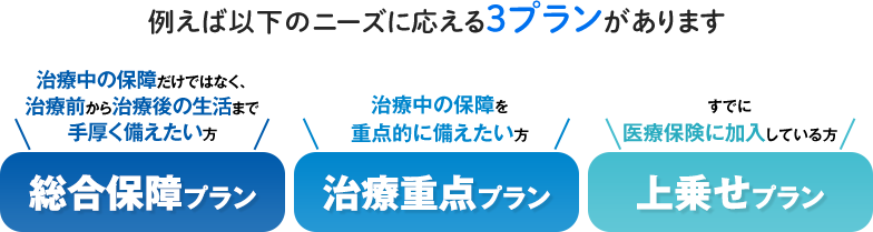 例えば以下のニーズに応える3プランがあります 治療中の保障だけではなく、治療前から治療後の生活まで手厚く備えたい方 総合保障プラン 治療中の保障を重点的に備えたい方 治療重点プラン すでに医療保険に加入している方 上乗せプラン

