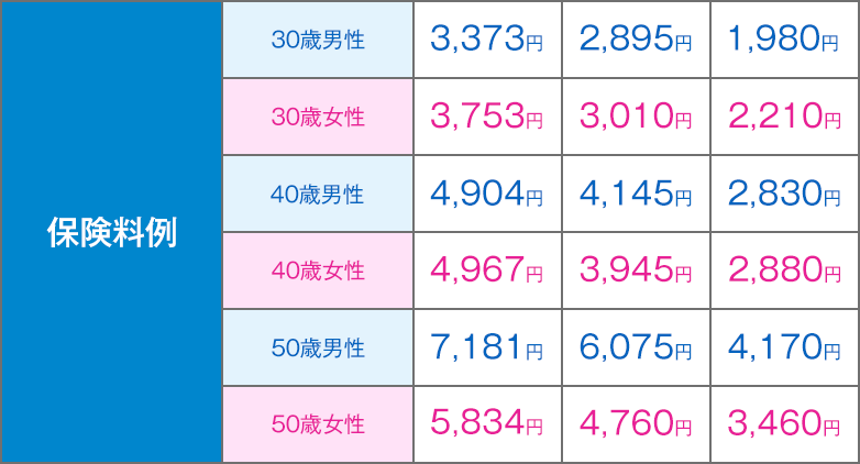 保険料例 30歳男性 3,373円 2,895円 1,980円 30歳女性 3,753円 3,010円 2,210円 40歳男性 4,904円 4,145円 2,830円 40歳女性 4,967円 3,945円 2,880円 50歳男性 7,181円 6,075円 4,170円 50歳女性 5,834円 4,760円 3,460円