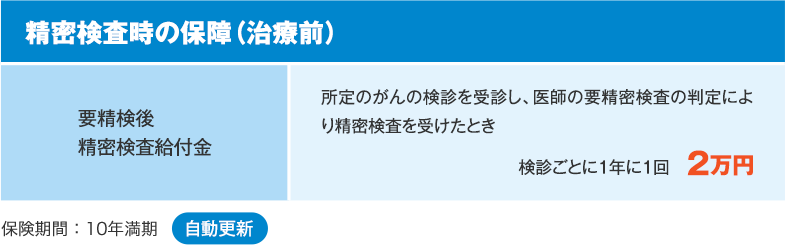 精密検査時の保障（治療前） 要精検後精密検査給付金 所定のがんの検診を受診し、医師の要精密検査の判定により精密検査を受けたとき 検診ごとに1年に1回　2万円 保険期間：10年満期 自動更新