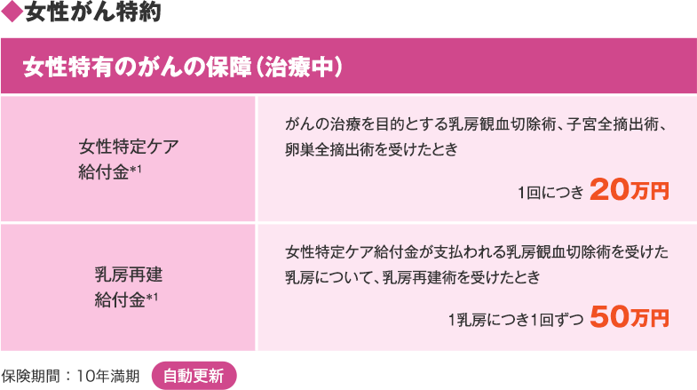 ◆女性がん特約 女性特有のがんの保障（治療中） 女性特定ケア給付金＊1 がんの治療を目的とする乳房観血切除術、子宮全摘出術、卵巣全摘出術を受けたとき 1回につき 20万円 乳房再建給付金＊1 女性特定ケア給付金が支払われる乳房観血切除術を受けた乳房について、乳房再建術を受けたとき 1乳房につき1回ずつ 50万円 保険期間：10年満期 自動更新