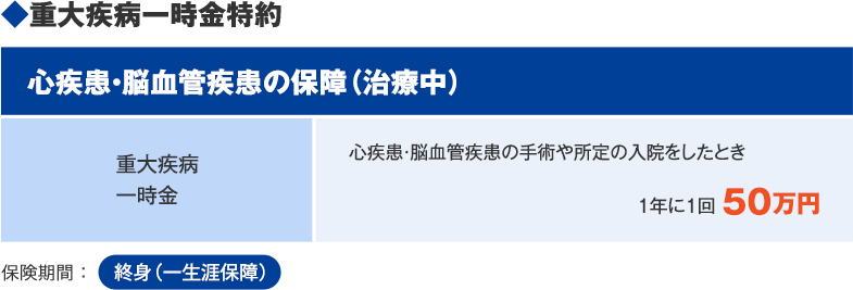◆重大疾病一時金特約 心疾患・脳血管疾患の保障（治療中） 重大疾病一時金 心疾患・脳血管疾患の手術や所定の入院をしたとき 1年に1回 50万円 保険期間：終身（一生涯保障）