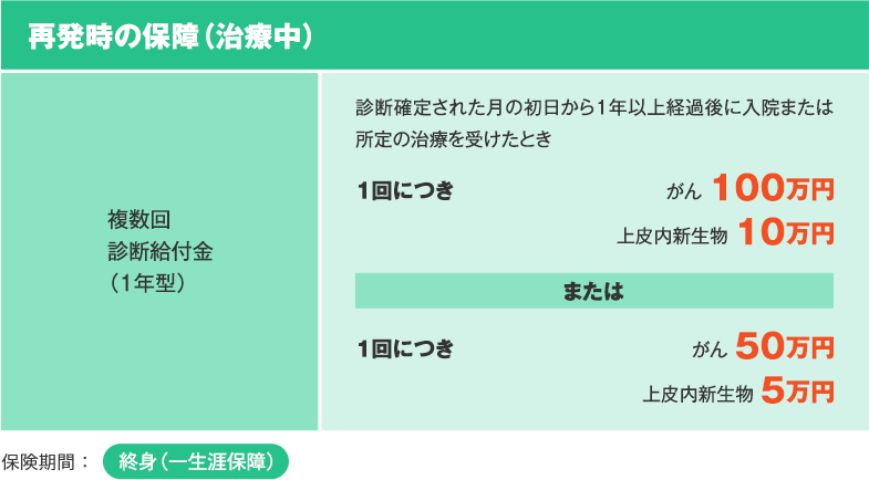 再発時の保障（治療中） 複数回診断給付金（1年型） 診断確定された月の初日から1年以上経過後に入院または所定の治療を受けたとき 1回につき がん 100万円 上皮内新生物 10万円 または 1回につき がん 50万円 上皮内新生物 5万円 保険期間：終身（一生涯保障）