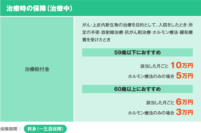 治療時の保障（治療中） 治療給付金 がん・上皮内新生物の治療を目的として、入院をしたとき・所定の手術・放射線治療・抗がん剤治療・ホルモン療法・緩和療養を受けたとき 59歳以下におすすめ 該当した月ごと 10万円 ホルモン療法のみの場合 5万円 60歳以上におすすめ 該当した月ごと 6万円 ホルモン療法のみの場合 3万円 保険期間：終身（一生涯保障）