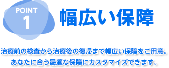 POINT1 幅広い保障 治療前の検査から治療後の復帰まで幅広い保障をご用意。あなたに合う最適な保障にカスタマイズできます。