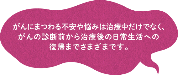 がんにまつわる不安や悩みは治療中だけでなく、がんの診断前から治療後の日常生活への復帰までさまざまです。