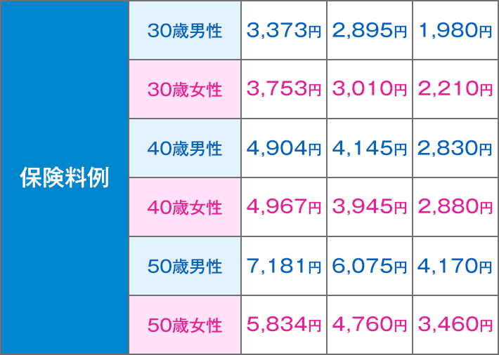 保険料例 30歳男性 3,373円 2,895円 1,980円 30歳女性 3,753円 3,010円 2,210円 40歳男性 4,904円 4,145円 2,830円 40歳女性 4,967円 3,945円 2,880円 50歳男性 7,181円 6,075円 4,170円 50歳女性 5,834円 4,760円 3,460円