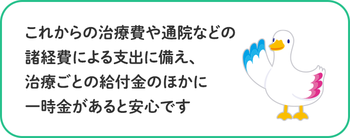 これからの治療費や通院などの諸経費による支出に備え、治療ごとの給付金のほかに一時金があると安心です ミライトダック