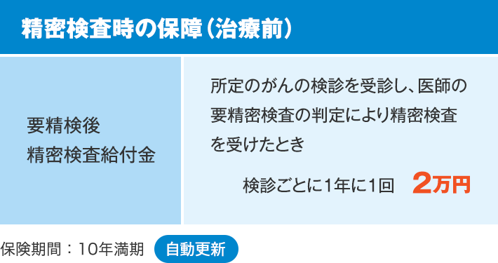 精密検査時の保障（治療前） 要精検後精密検査給付金 所定のがんの検診を受診し、医師の要精密検査の判定により精密検査を受けたとき 検診ごとに1年に1回　2万円 保険期間：10年満期 自動更新
