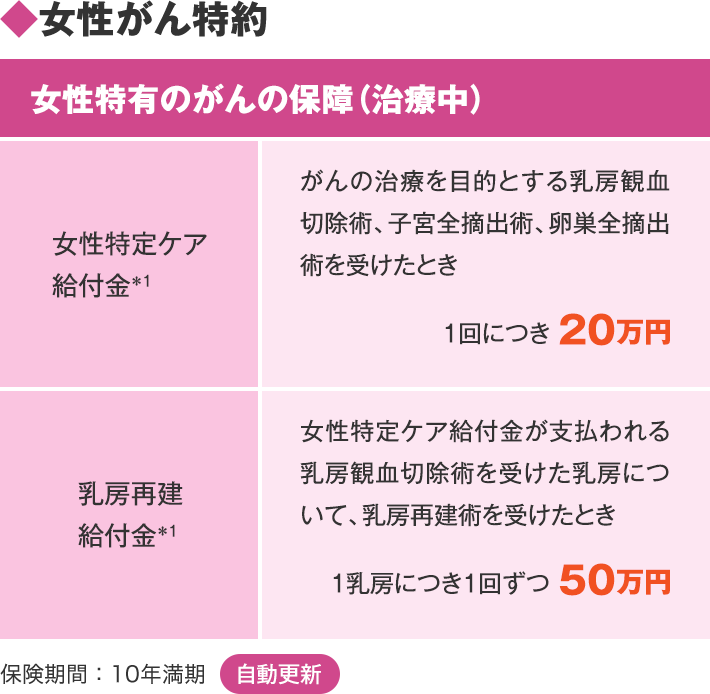 ◆女性がん特約 女性特有のがんの保障（治療中） 女性特定ケア給付金＊1 がんの治療を目的とする乳房観血切除術、子宮全摘出術、卵巣全摘出術を受けたとき 1回につき 20万円 乳房再建給付金＊1 女性特定ケア給付金が支払われる乳房観血切除術を受けた乳房について、乳房再建術を受けたとき 1乳房につき1回ずつ 50万円 保険期間：10年満期 自動更新