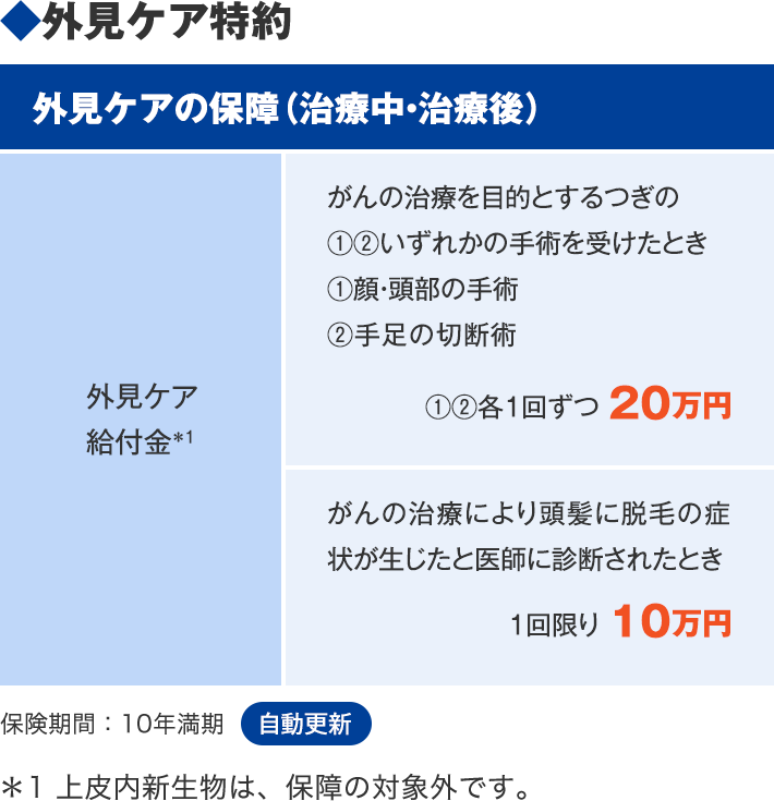 ◆外見ケア特約 外見ケアの保障（治療中・治療後） 外見ケア給付金＊1 がんの治療を目的とするつぎの①②いずれかの手術を受けたとき①顔・頭部の手術②手足の切断術 ①②各1回ずつ 20万円 がんの治療により頭髪に脱毛の症状が生じたと医師に診断されたとき 1回限り 10万円 保険期間：10年満期 自動更新 ＊1 上皮内新生物は、保障の対象外です。
