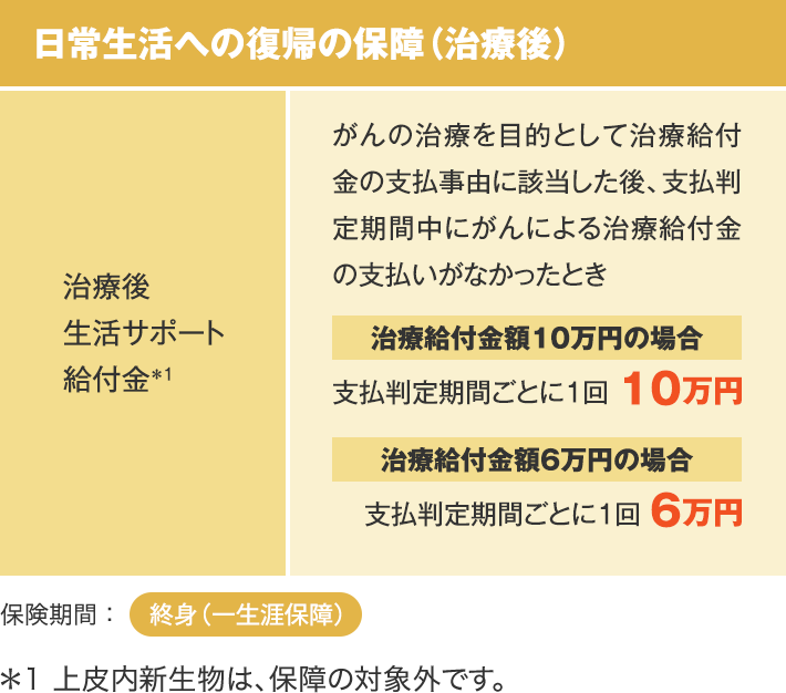 日常生活への復帰の保障（治療後） 治療後生活サポート給付金＊1 がんの治療を目的として治療給付金の支払事由に該当した後、支払判定期間中にがんによる治療給付金の支払いがなかったとき 治療給付金額10万円の場合 支払判定期間ごとに1回 10万円 治療給付金額6万円の場合 支払判定期間ごとに1回 6万円 保険期間：終身（一生涯保障） ＊1 上皮内新生物は、保障の対象外です。