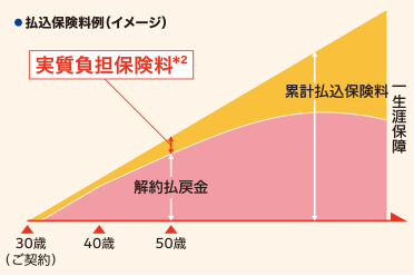 払込保険料例（イメージ） 実質負担保険料＊2 30歳（ご契約） 40歳 50歳 累計払込保険料 一生涯保障