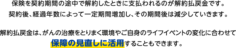 保険を契約期間の途中で解約したときに支払われるのが解約払戻金です。契約後、経過年数によって一定期間増加し、その期間後は減少していきます。解約払戻金は、がんの治療をとりまく環境やご自身のライフイベントの変化に合わせて保障の見直しに活用することもできます。
