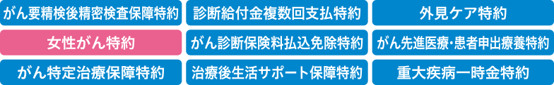 がん要精検後精密検査保障特約 診断給付金複数回支払特約 外見ケア特約 女性がん特約 がん診断保険料払込免除特約 がん先進医療・患者申出療養特約 がん特定治療保障特約 治療後生活サポート保障特約 重大疾病一時金特約