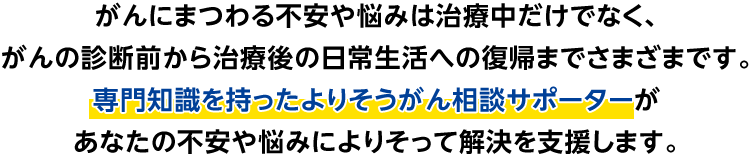 がんにまつわる不安や悩みは治療中だけでなく、がんの診断前から治療後の日常生活への復帰までさまざまです。専門知識を持ったよりそうがん相談サポーターがあなたの不安や悩みによりそって解決を支援します。