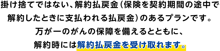 掛け捨てではない、解約払戻金（保険を契約期間の途中で解約したときに支払われる払戻金）のあるプランです。万が一のがんの保障を備えるとともに、解約時には解約払戻金を受け取れます。