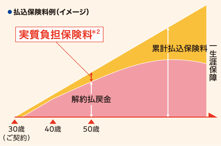 払込保険料例（イメージ） 実質負担保険料＊2 30歳（ご契約） 40歳 50歳 累計払込保険料 一生涯保障