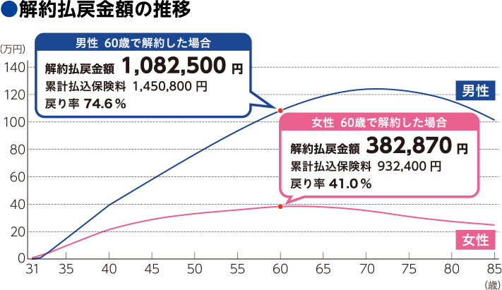 解約払戻金額の推移 男性30歳 月払保険料 4,030円 60歳で解約した場合 解約払戻金額 1,082,500円 累計払込保険料 1,450,800円 戻り率 74.6% 女性30歳 月払保険料 2,590円 60歳で解約した場合 解約払戻金額 382,870円 累計払込保険料 932,400円 戻り率 41.0%