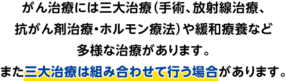 がん治療には三大治療（手術、放射線治療、抗がん剤治療・ホルモン療法）や緩和療養など多様な治療があります。また三大治療は組み合わせて行う場合があります。