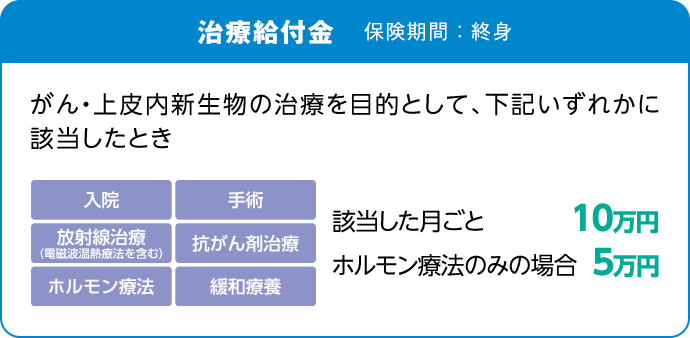 治療給付金 保険期間：終身 がん・上皮内新生物の治療を目的として、下記いずれかに該当したとき【入院、手術、放射線治療（電磁波温熱療法を含む）、抗がん剤治療、ホルモン療法、緩和療養】該当した月ごと10万円、ホルモン療法のみの場合5万円
