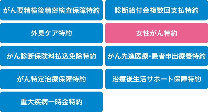 がん要精検後精密検査保障特約 診断給付金複数回支払特約 外見ケア特約 女性がん特約 がん診断保険料払込免除特約 がん先進医療・患者申出療養特約 がん特定治療保障特約 治療後生活サポート保障特約 重大疾病一時金特約