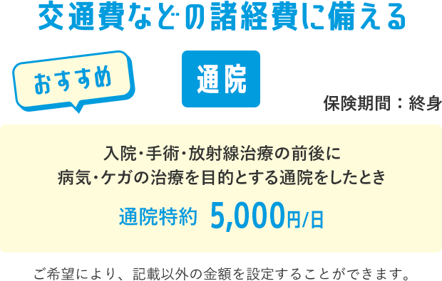 交通費などの諸経費に備える【通院】保険期間：終身 【おすすめ】入院・手術・放射線治療の前後に病気・ケガの治療を目的とする通院をしたとき 通院特約 5，000円／日 ご希望により、記載以外の金額を設定することができます。