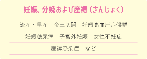 妊娠 分娩および産褥（さんじょく） 流産・早産 帝王切開 妊娠高血圧症候群 妊娠糖尿病 子宮外妊娠 女性不妊症 産褥感染症 など