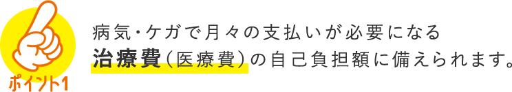 POINT1 病気・ケガで月々の支払いが必要になる治療費（医療費）の自己負担額に備えられます。