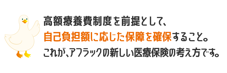 REASONダック 高額療養費制度を前提として、自己負担額に応じた保障を確保すること。これが、アフラックの新しい医療保険の考え方です。