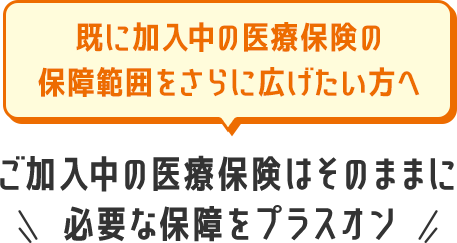 既に加入中の医療保険の保障範囲をさらに広げたい方へ ご加入中の医療保険はそのままに必要な保障をプラスオン